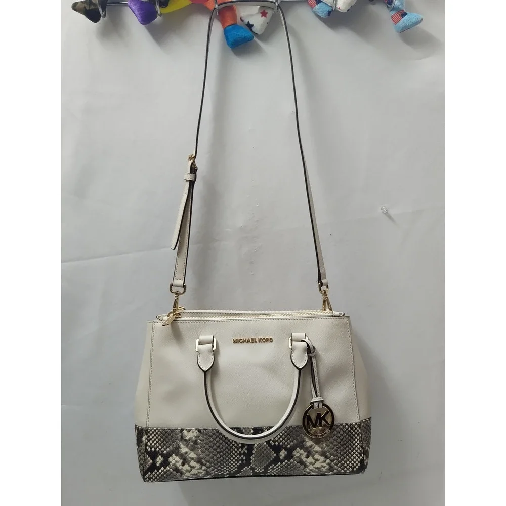 Michael Kors White Leather Snakeskin Embossed Detail Carryall Satchel Bag